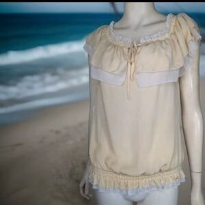 Y2K White House Black Market 100% Silk Peasant S Boho Top Blouse Cream Ruffled